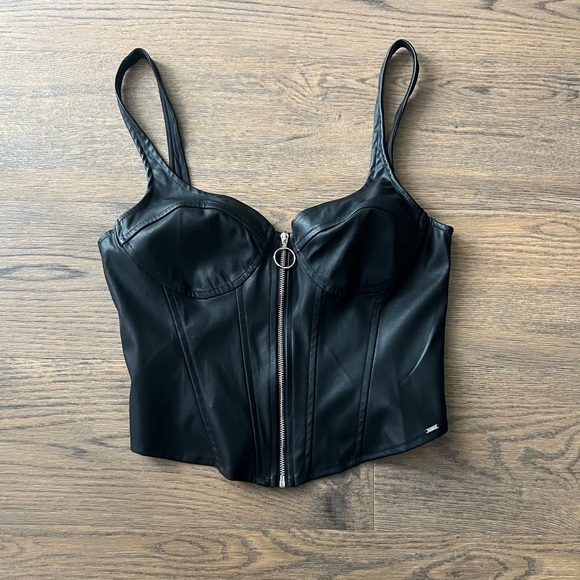 Guess Tops - NWT, GUESS, Danessa PU Leather Bustier Tank, Jet Black, Small, Zip Front